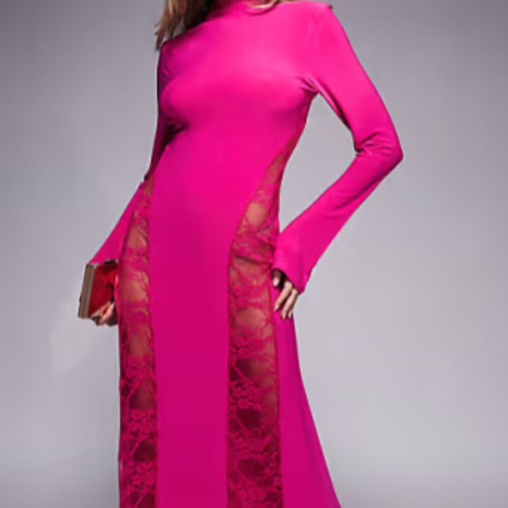ASOS DESIGN long sleeve high neck maxi dress with seamed lace panels in pink
